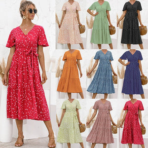 2021 Summer New Women's Fashion Casual Print V Neck Flare Short Sleeve Loose Empire Lace Up A Line Mid Calf Dress Ladies Basic