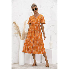 Load image into Gallery viewer, 2021 Summer New Women&#39;s Fashion Casual Print V Neck Flare Short Sleeve Loose Empire Lace Up A Line Mid Calf Dress Ladies Basic