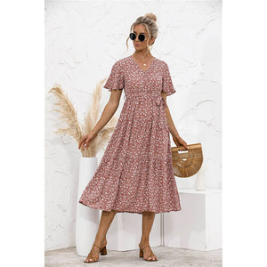 2021 Summer New Women's Fashion Casual Print V Neck Flare Short Sleeve Loose Empire Lace Up A Line Mid Calf Dress Ladies Basic