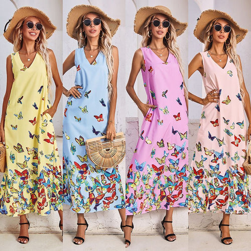 2021 Summer New Women's Fashion Casual Print V Neck Spaghetti Strap Sleeveless Elastic Waist Ankle Lenght Dress Lady Loose Basic