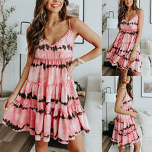 Load image into Gallery viewer, 2021 Summer New Women&#39;s Fashion Casual Print V Neck Spaghetti Straps Sleeveless Backless Tunic Ruffles Knee Lenght Dress Ladies