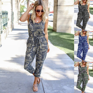 2021 Summer New Women's Fashion Casual Print V Neck Spaghetti Straps Sleeveless Tunic Lace Up Jumpsuits Ladies Loose Baisc Slim