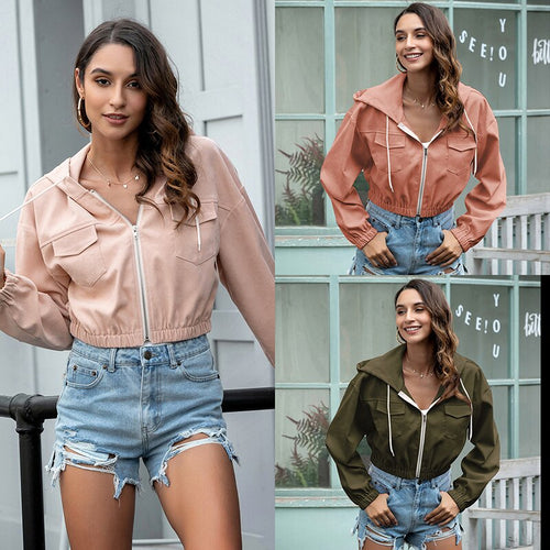 2021 Summer New Women's Fashion Casual Solid Cardigan Hooded Collar Pockets Zippers Long Sleeve Patchwork Slim Short Coat Ladies