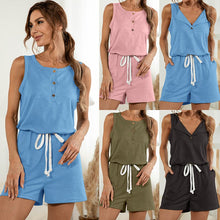 Load image into Gallery viewer, 2021 Summer New Women&#39;s Fashion Casual Solid Deep  V Neck Buttons Sleeveless Vest Elastic Waist Drawstring Short Pant Lady Slim