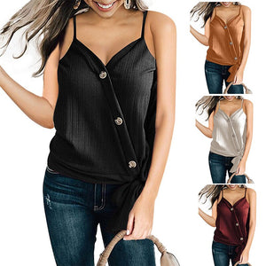 2021 Summer New Women's Fashion Casual Solid Deep V Neck Skinny Spaghetti Straps Sleeveless Buttons Lace Up T Shitrt Lady Basic