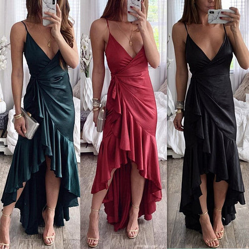 2021 Summer New Women's Fashion Casual Solid Deep V Neck Spaghetti Straps Sleeveless Lace Up Knee Lenght Dress Ladies Basic Slim