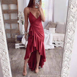 2021 Summer New Women's Fashion Casual Solid Deep V Neck Spaghetti Straps Sleeveless Lace Up Knee Lenght Dress Ladies Basic Slim