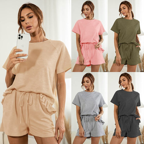 2021 Summer New Women's Fashion Casual Solid O Neck Short Sleeve Elastic Waist Drawsting Ruffles Pockets Short Pants Lady Loose