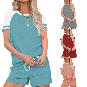 2021 Summer New Women's Fashion Casual Solid Patchwork O Neck Short Sleeve Top Elastic Waist Pockets Straight Short Pant Ladies