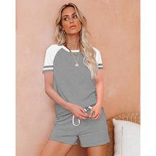 Load image into Gallery viewer, 2021 Summer New Women&#39;s Fashion Casual Solid Patchwork O Neck Short Sleeve Top Elastic Waist Pockets Straight Short Pant Ladies