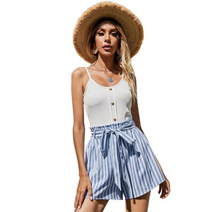 2021 Summer New Women's Fashion Casual Solid Spaghetti Strap Sleeveless Backless Buttons Empire Tunic Lace Up Stripe Shorts Lady