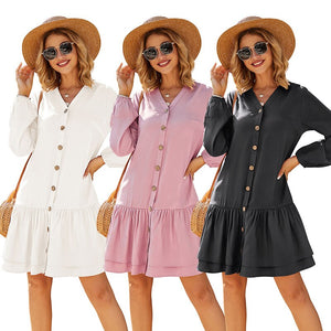 2021 Summer New Women's Fashion Casual Solid V Neck Buttons Long Sleeve Loose Waist A Line Knee Lenght Dress Ladies Slim Basic