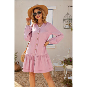 2021 Summer New Women's Fashion Casual Solid V Neck Buttons Long Sleeve Loose Waist A Line Knee Lenght Dress Ladies Slim Basic
