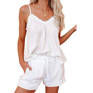 2021 Summer  New Women's Fashion Casual Solid V Neck Ruffles Spaghetti Straps Sleeveless Top Elastic Waist Lace Up Short Ladies