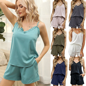 2021 Summer  New Women's Fashion Casual Solid V Neck Ruffles Spaghetti Straps Sleeveless Top Elastic Waist Lace Up Short Ladies