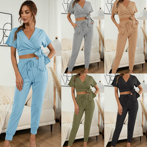 2021 Summer New Women's Fashion Casual Solid V Neck Short Sleeve Bow Crops Tops Elastic Waist Lace Up Long Pant Ladies Slim Suit