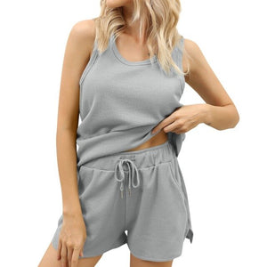 2021 Summer New Women's Fashion Casual Solid V Neck Spaghetti Straps Sleeveless Vest Elastic Waist Lace Up Split Short Pant Lady