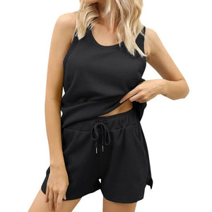 2021 Summer New Women's Fashion Casual Solid V Neck Spaghetti Straps Sleeveless Vest Elastic Waist Lace Up Split Short Pant Lady