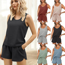Load image into Gallery viewer, 2021 Summer New Women&#39;s Fashion Casual Solid V Neck Spaghetti Straps Sleeveless Vest Elastic Waist Lace Up Split Short Pant Lady