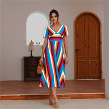 Load image into Gallery viewer, 2021 Summer New Women&#39;s Fashion Casual Stripe Deep V Neck Short Sleeve Patchwork Zipper Empire A Line Ankle Lenght Dress Ladies