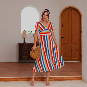 2021 Summer New Women's Fashion Casual Stripe Deep V Neck Short Sleeve Patchwork Zipper Empire A Line Ankle Lenght Dress Ladies