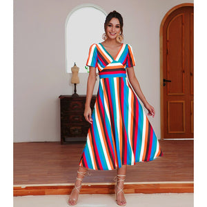 2021 Summer New Women's Fashion Casual Stripe Deep V Neck Short Sleeve Patchwork Zipper Empire A Line Ankle Lenght Dress Ladies