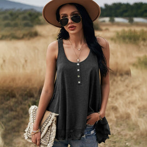 2021 Summer New Women's Fashion Office Lady Solid O Neck Buttons Spaghetti Straps Sleeveless Backless Loose Tops Ladies Basic