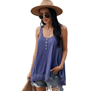 2021 Summer New Women's Fashion Office Lady Solid O Neck Buttons Spaghetti Straps Sleeveless Backless Loose Tops Ladies Basic