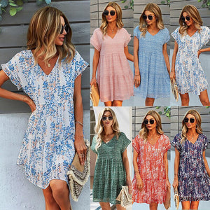 2021 Summer New Women's Fashion Sexy Floral Print Deep V Neck Butterfly Short Sleeve Tunic Loose A Line Mini Dress Ladies Basic