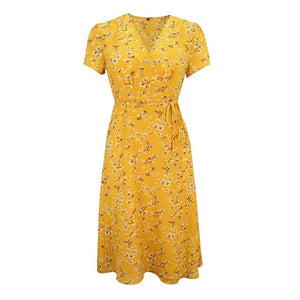 2021 Summer New Women's Fashion Sexy Floral Print Deep V Neck Short Sleeve Lace Up Tunic Split Knee Lenght Dress Lady Slim Basic