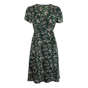 2021 Summer New Women's Fashion Sexy Floral Print Deep V Neck Short Sleeve Lace Up Tunic Split Knee Lenght Dress Lady Slim Basic