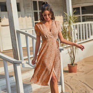 2021 Summer New Women's Fashion Sexy Floral Print Deep V Neck Short Sleeve Lace Up Tunic Split Knee Lenght Dress Lady Slim Basic