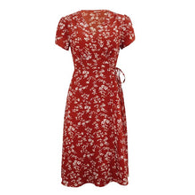 Load image into Gallery viewer, 2021 Summer New Women&#39;s Fashion Sexy Floral Print Deep V Neck Short Sleeve Lace Up Tunic Split Knee Lenght Dress Lady Slim Basic