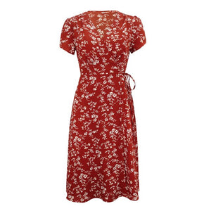 2021 Summer New Women's Fashion Sexy Floral Print Deep V Neck Short Sleeve Lace Up Tunic Split Knee Lenght Dress Lady Slim Basic