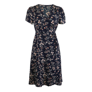 2021 Summer New Women's Fashion Sexy Floral Print Deep V Neck Short Sleeve Lace Up Tunic Split Knee Lenght Dress Lady Slim Basic