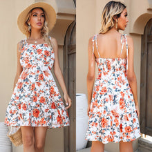 Load image into Gallery viewer, 2021 Summer New Women&#39;s Fashion Sexy Floral Print Slash Neck Spaghetti Straps Ruffles Sleeveless Backless Tunic Mini Dress Lady