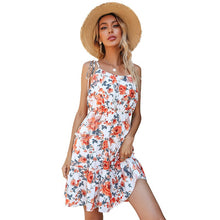 Load image into Gallery viewer, 2021 Summer New Women&#39;s Fashion Sexy Floral Print Slash Neck Spaghetti Straps Ruffles Sleeveless Backless Tunic Mini Dress Lady