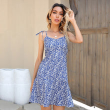 Load image into Gallery viewer, 2021 Summer New Women&#39;s Fashion Sexy Floral Print Spaghetti Straps Bow O Neck Sleeveless Backless Folds Empire Mini Dress Ladies