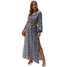 Load image into Gallery viewer, 2021 Summer New Women&#39;s Fashion Sexy Floral Print  V Neck Long Sleeve Buttons Skinny A Line Split Ankle Lenght Dress Lady Basic