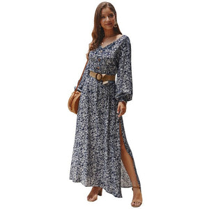 2021 Summer New Women's Fashion Sexy Floral Print  V Neck Long Sleeve Buttons Skinny A Line Split Ankle Lenght Dress Lady Basic