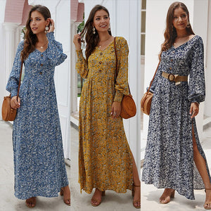 2021 Summer New Women's Fashion Sexy Floral Print  V Neck Long Sleeve Buttons Skinny A Line Split Ankle Lenght Dress Lady Basic