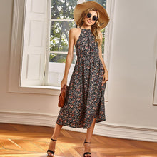 Load image into Gallery viewer, 2021 Summer New Women&#39;s Fashion Sexy Foral Print O Neck Lace Up Sleeveless Empire Tunic Skinny A Line Mid Calf Dress Lady Basic