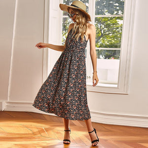 2021 Summer New Women's Fashion Sexy Foral Print O Neck Lace Up Sleeveless Empire Tunic Skinny A Line Mid Calf Dress Lady Basic