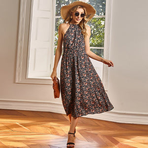2021 Summer New Women's Fashion Sexy Foral Print O Neck Lace Up Sleeveless Empire Tunic Skinny A Line Mid Calf Dress Lady Basic