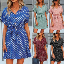 Load image into Gallery viewer, 2021 Summer New Women&#39;s Fashion Sexy Polka Dot Turn Down Collar Short Sleeve Button Empire Lace Up Mini Dress Ladies Slim Basic