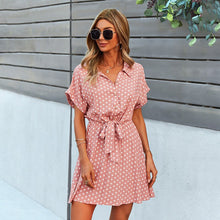 Load image into Gallery viewer, 2021 Summer New Women&#39;s Fashion Sexy Polka Dot Turn Down Collar Short Sleeve Button Empire Lace Up Mini Dress Ladies Slim Basic