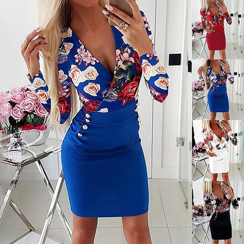 2021 Summer New Women's Fashion Sexy Print Deep V Neck Long Sleeve Tunic Empire Buttons Pockets Package Hip Mini Dress Lady Slim