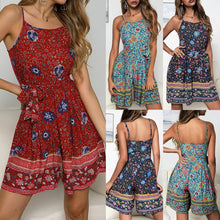 Load image into Gallery viewer, 2021 Summer New Women&#39;s Fashion Sexy Print O Neck Spaghetti Straps Sleeveless Backless Empire Tunic Lace Up Playsuits Lady Slim