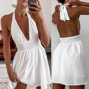 2021 Summer New Women's Fashion Sexy Solid Deep V Neck Spaghetti Straps Lace Up Sleeveless Backless Tunic Folds Mini Dress Lady