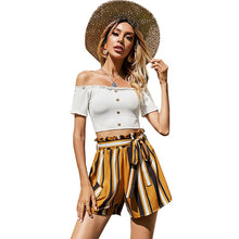 Load image into Gallery viewer, 2021 Summer New Women&#39;s Fashion Sexy Solid Off Shoulder Ruffles Short Sleeve Buttons Crops Tops Empire Tunic Lace Up Shorts Lady